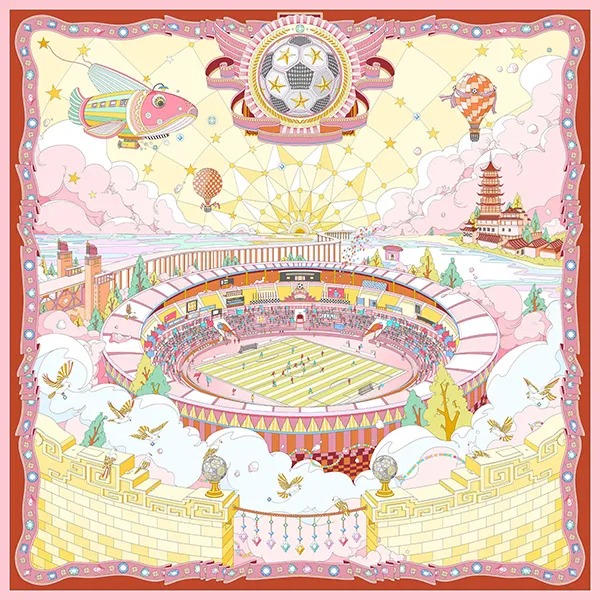 “星穹绿茵”橙色素绉缎70方巾（ Sky Dome Green Grass Orange Color Crepe Silk 70-inch Towel）