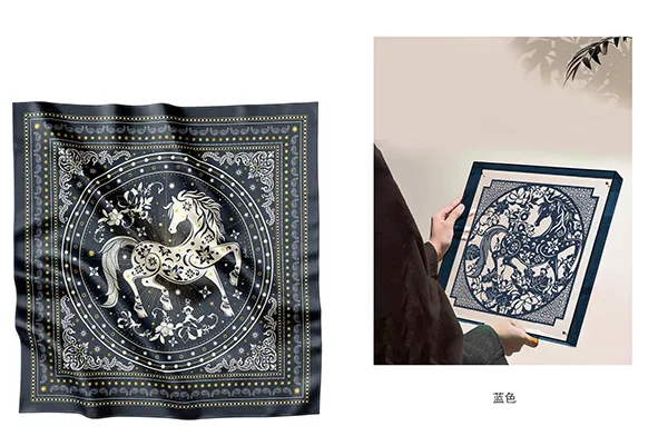 金骏星辉-蓝 “金骏星辉”刻纸丝巾双非遗礼盒(黛蓝)“Golden Horse Starlight” Double Cultural Heritage Gift Box of Paper-cutting and Silk Scarf(dark blue)